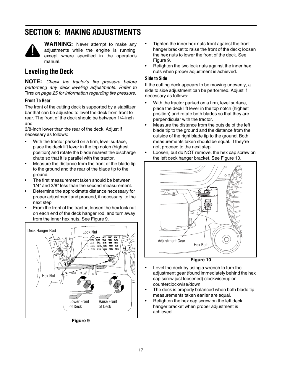 Section 6: making adjustments, Leveling the deck | Cub Cadet SLT1554 User Manual | Page 17 / 40