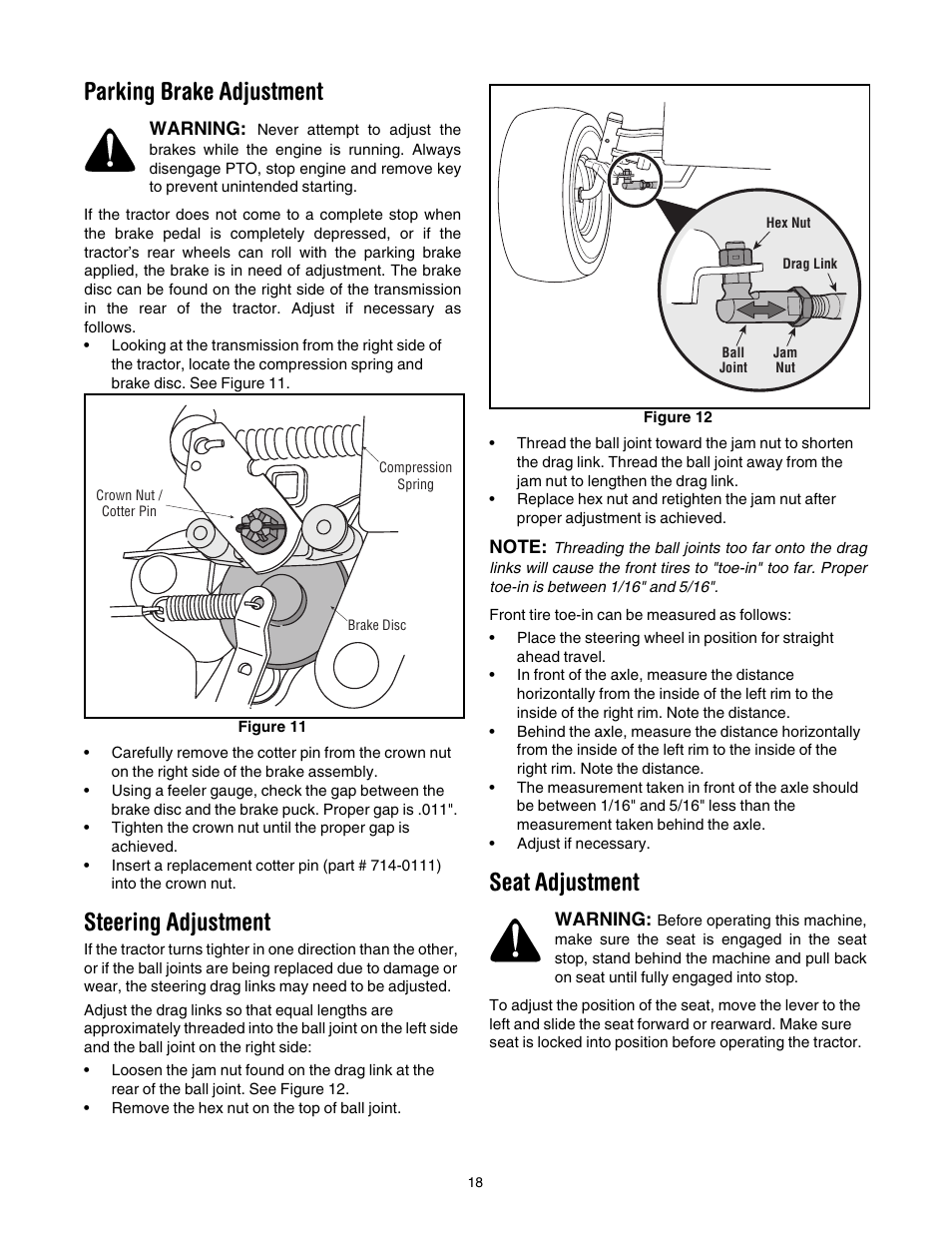 Parking brake adjustment, Steering adjustment, Seat adjustment | 18 of, See fig | Cub Cadet SLT1554 User Manual | Page 18 / 40