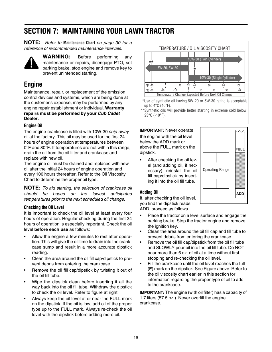 Section 7: maintaining your lawn tractor, Engine, Warning | Cub Cadet SLT1554 User Manual | Page 19 / 40