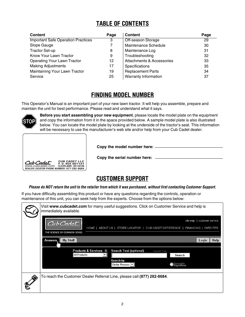 Table of contents finding model number, Customer support | Cub Cadet SLT1554 User Manual | Page 2 / 40