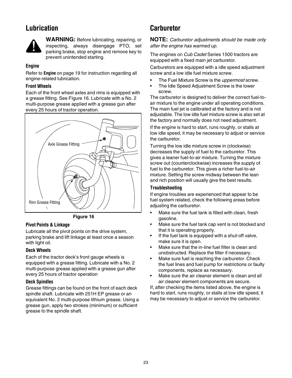 Lubrication, Carburetor | Cub Cadet SLT1554 User Manual | Page 23 / 40