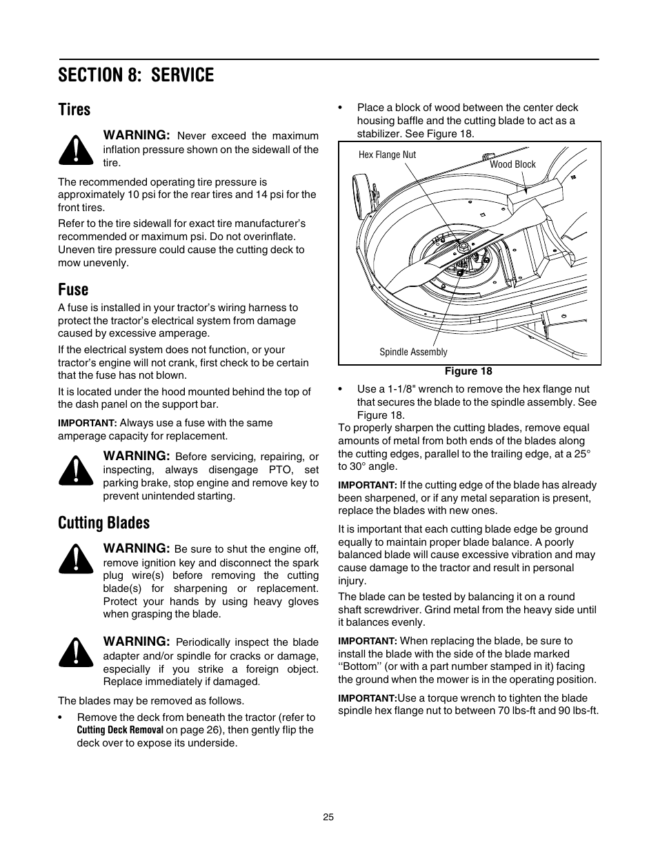 Section 8: service, Tires, Fuse | Cutting blades, 25 f | Cub Cadet SLT1554 User Manual | Page 25 / 40