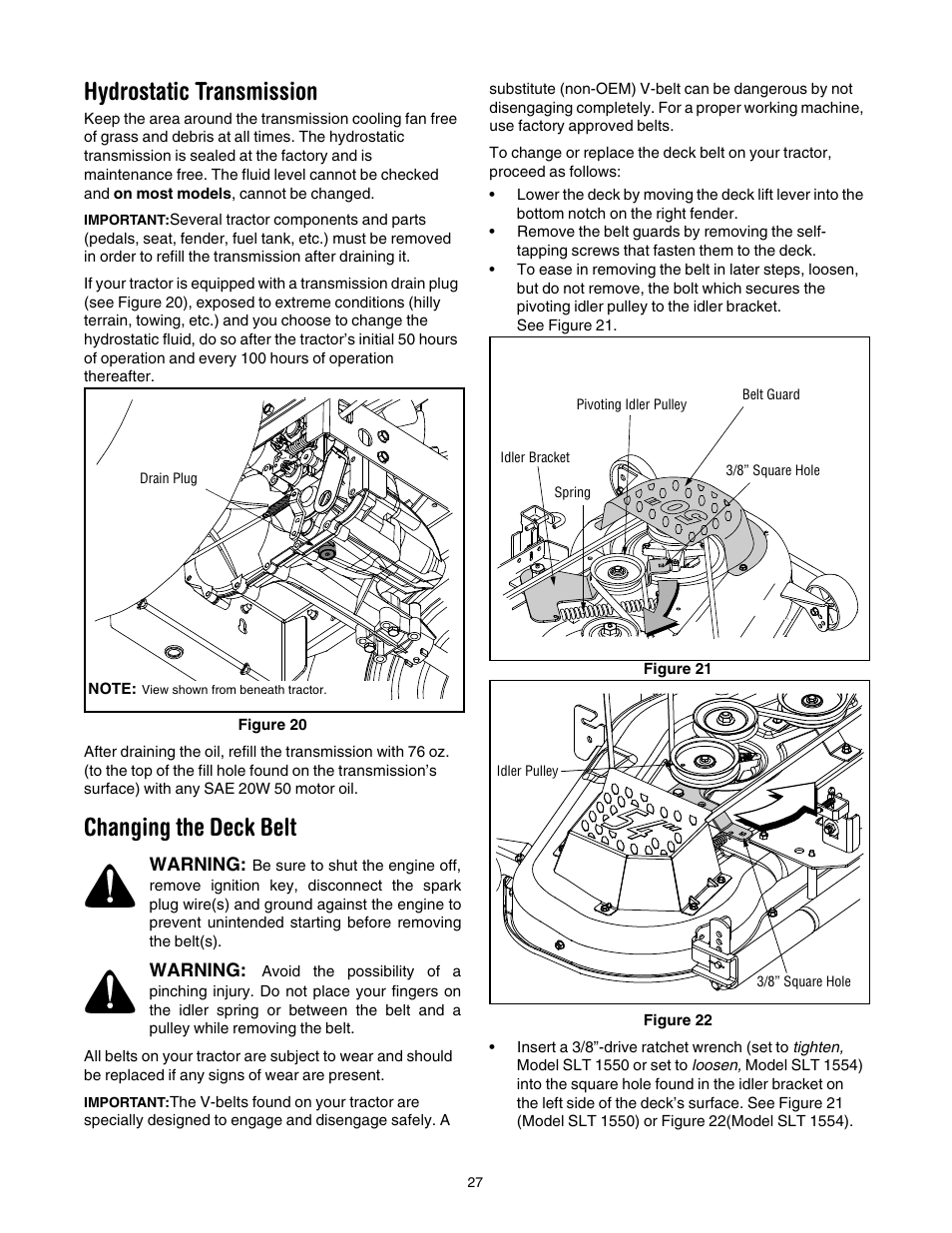 Hydrostatic transmission, Changing the deck belt | Cub Cadet SLT1554 User Manual | Page 27 / 40