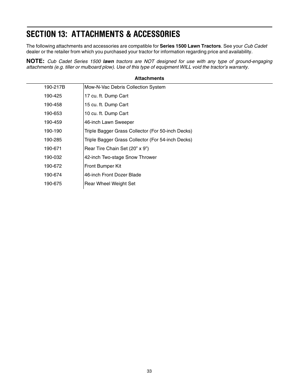 Section 13: attachments & accessories | Cub Cadet SLT1554 User Manual | Page 33 / 40