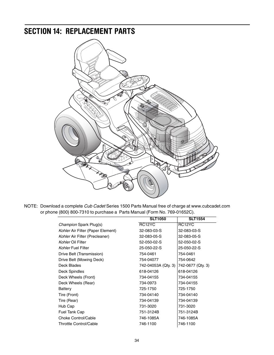 Section 14: replacement parts | Cub Cadet SLT1554 User Manual | Page 34 / 40