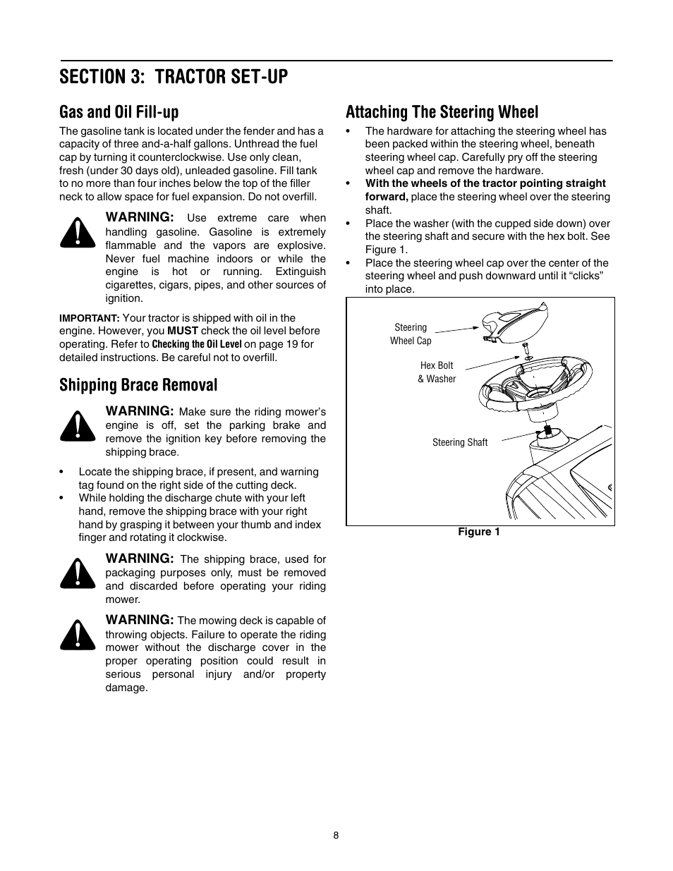 Section 3: tractor set-up, Gas and oil fill-up, Shipping brace removal | Attaching the steering wheel | Cub Cadet SLT1554 User Manual | Page 8 / 40