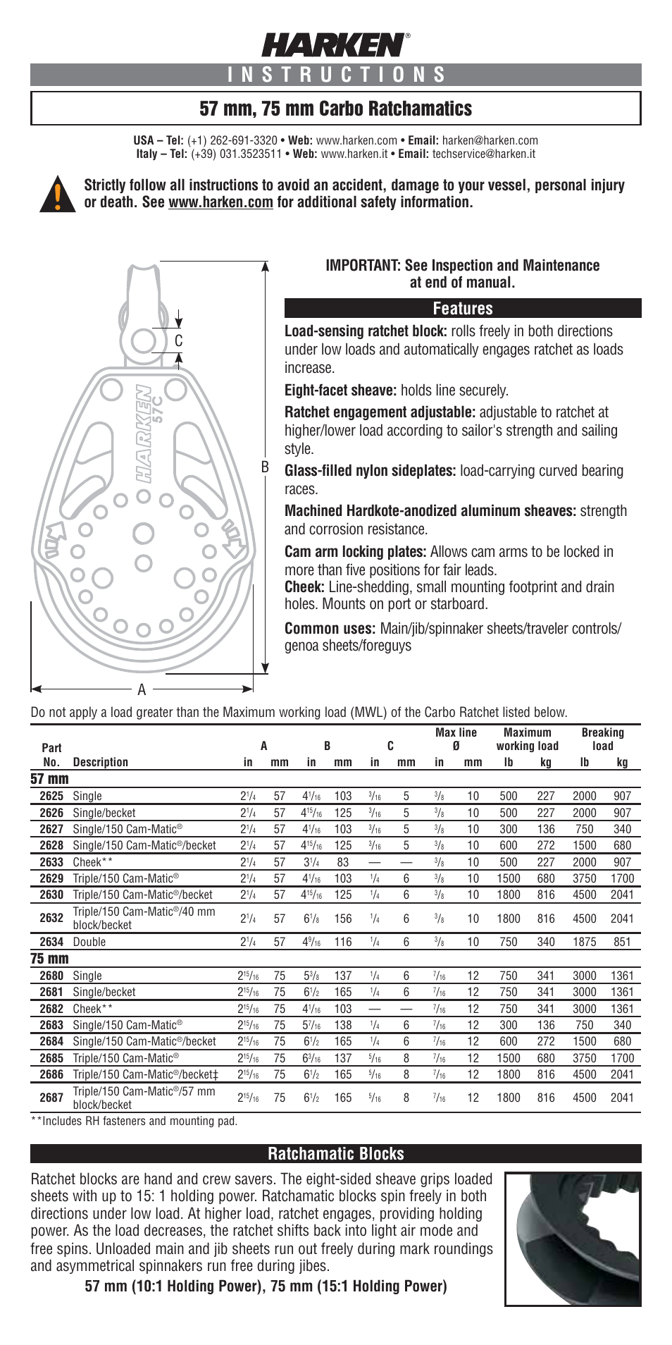 Harken 2625 57 mm Ratchamatic Block User Manual | 3 pages