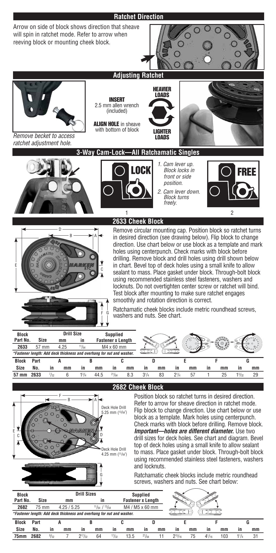 2682 cheek block, Ratchet direction, 2633 cheek block | Remove becket to access ratchet adjustment hole | Harken 2625 57 mm Ratchamatic Block User Manual | Page 2 / 3