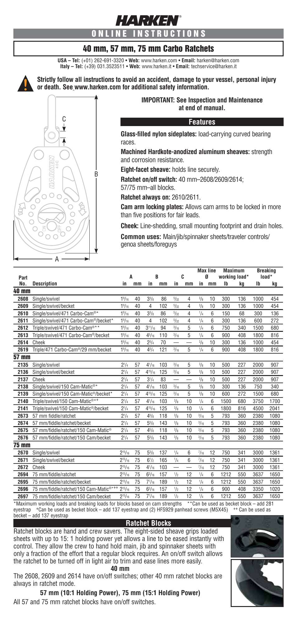 Harken 2608 40 mm Ratchet Block User Manual | 4 pages