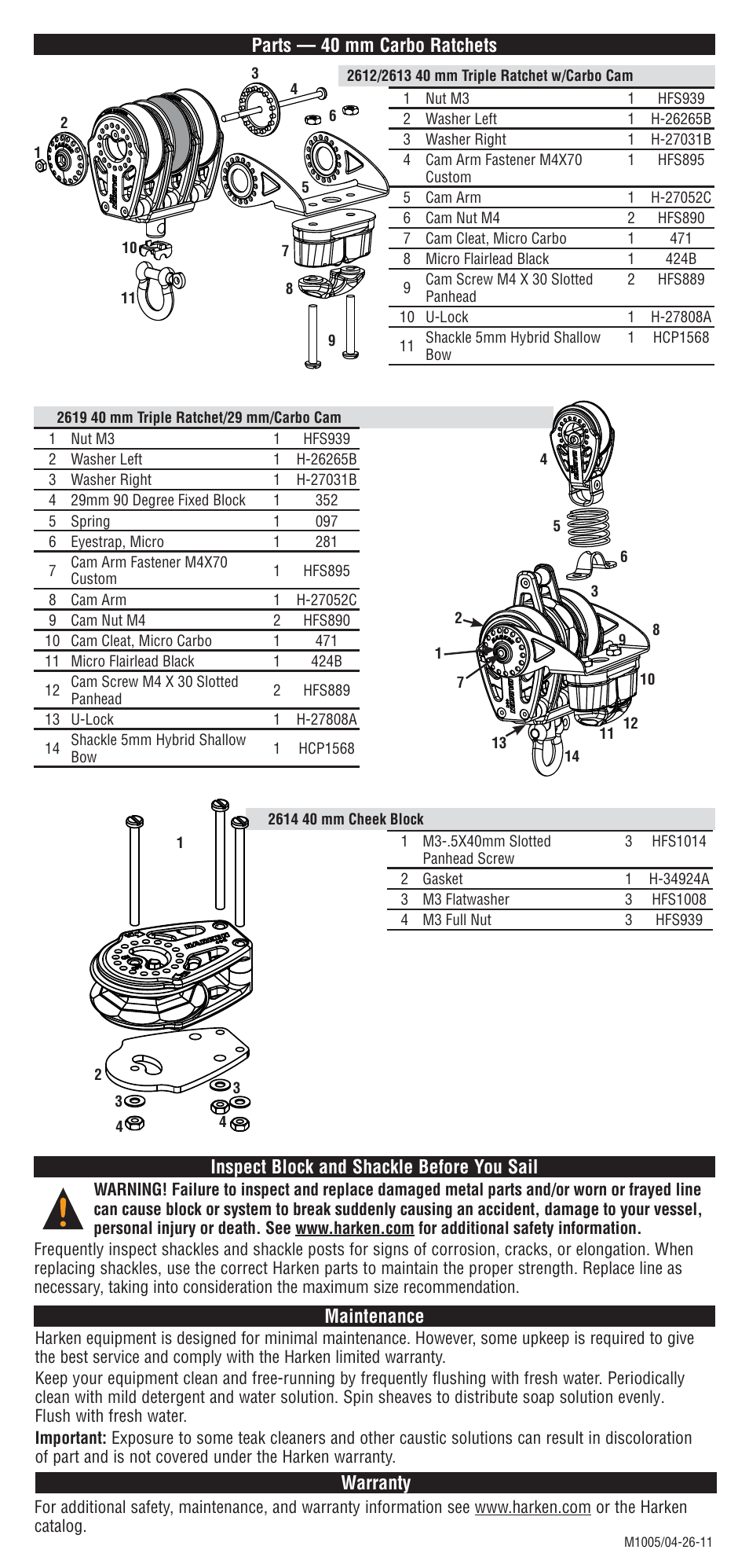 Parts — 40 mm carbo ratchets, Warranty | Harken 2608 40 mm Ratchet Block User Manual | Page 4 / 4