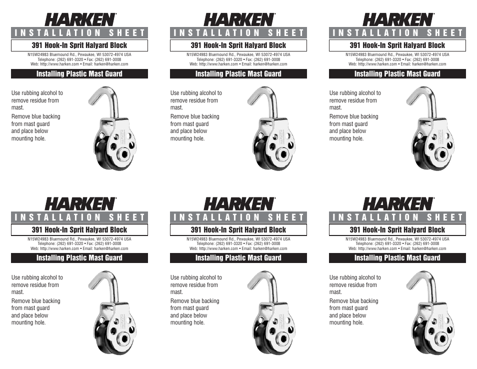 Harken 391 16 mm Hook-In Halyard Block User Manual | 2 pages