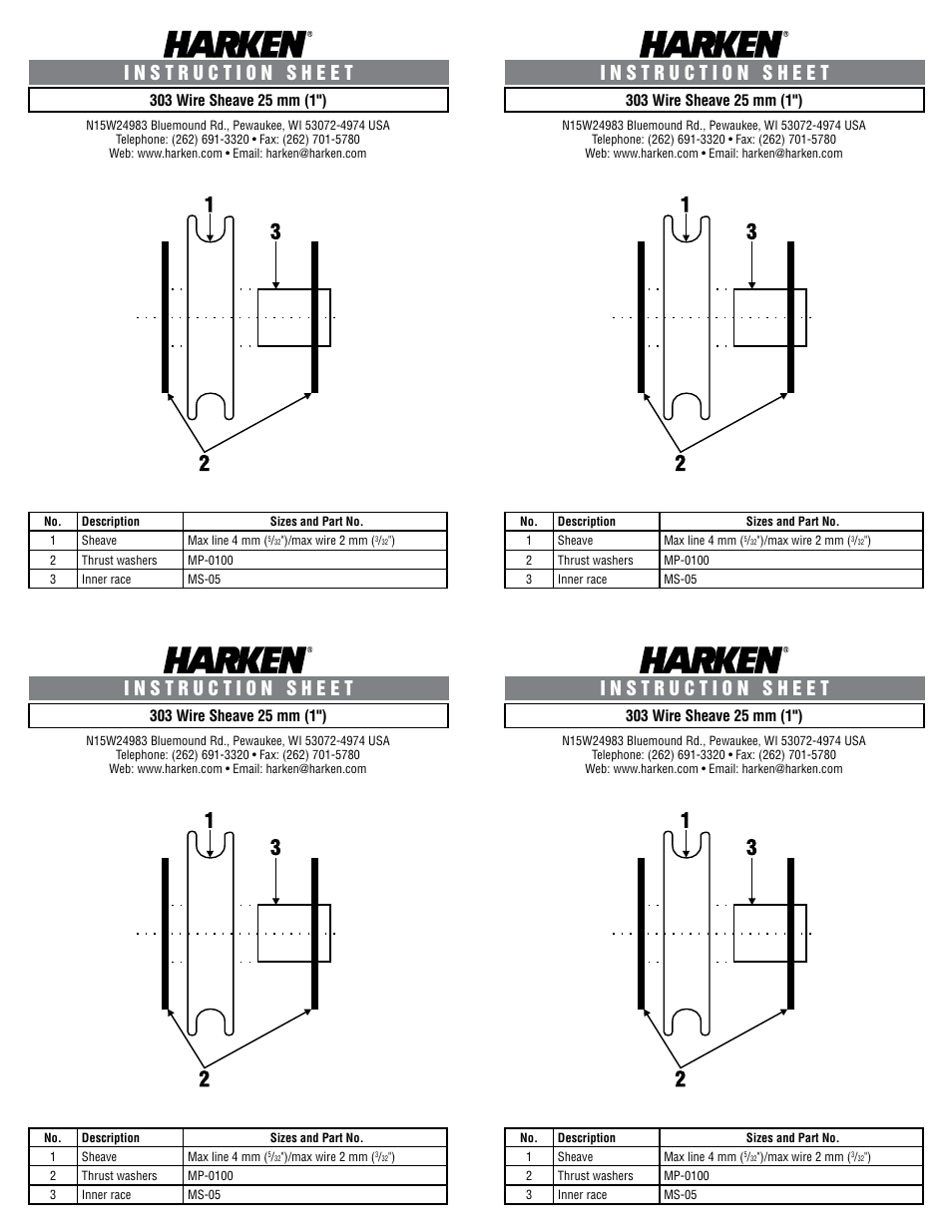 Harken 303 Wire Sheave User Manual | 2 pages