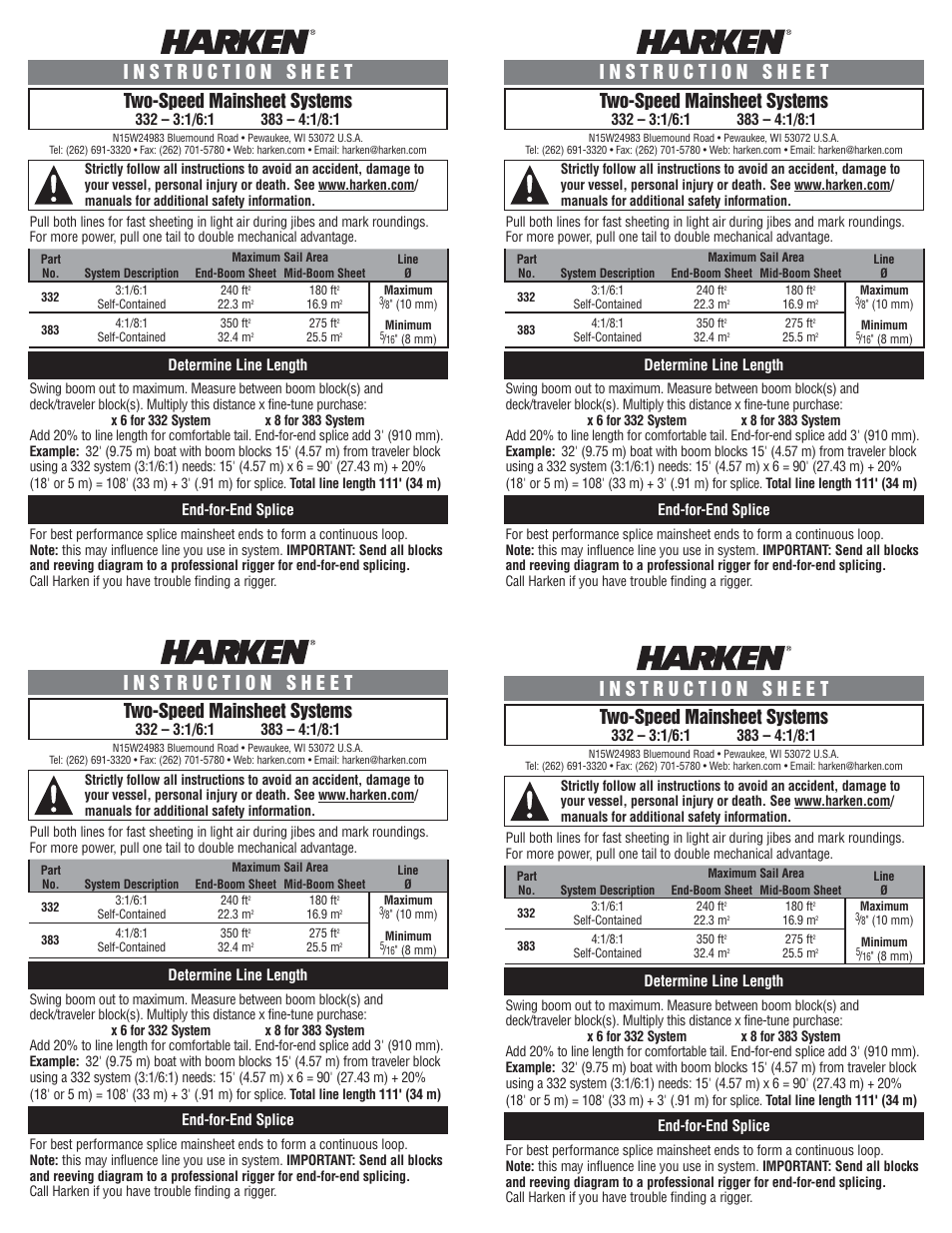 Harken 332 Two-Speed Mainsheet System User Manual | 2 pages