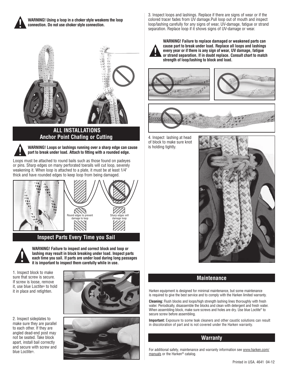 Warranty inspect parts every time you sail, All installations anchor point chafing or cutting, Maintenance | Harken 3195 Black Magic Loop Blocks pre-2013 User Manual | Page 4 / 4