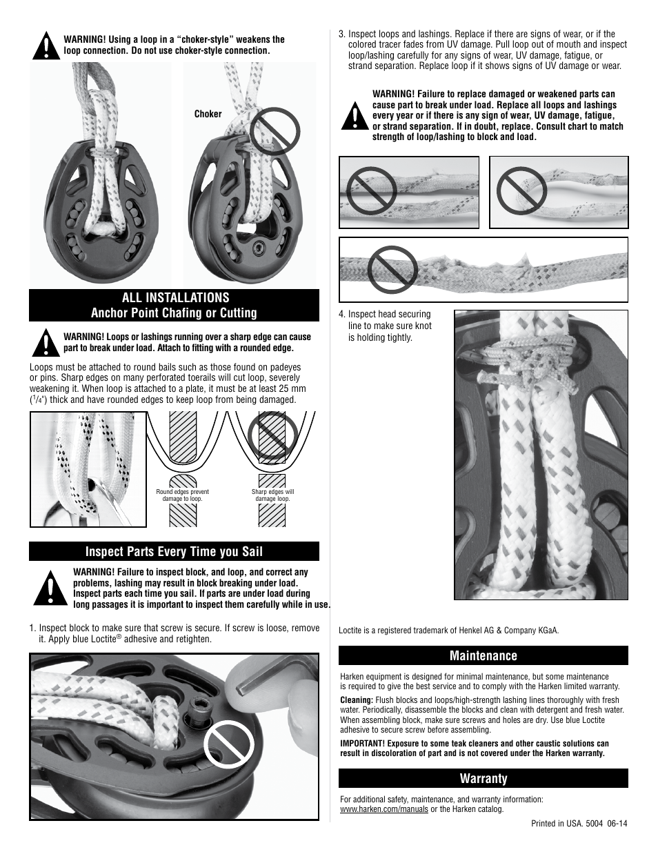 Warranty inspect parts every time you sail, All installations anchor point chafing or cutting, Maintenance | Harken 3214 Black Magic Loop Block User Manual | Page 4 / 4