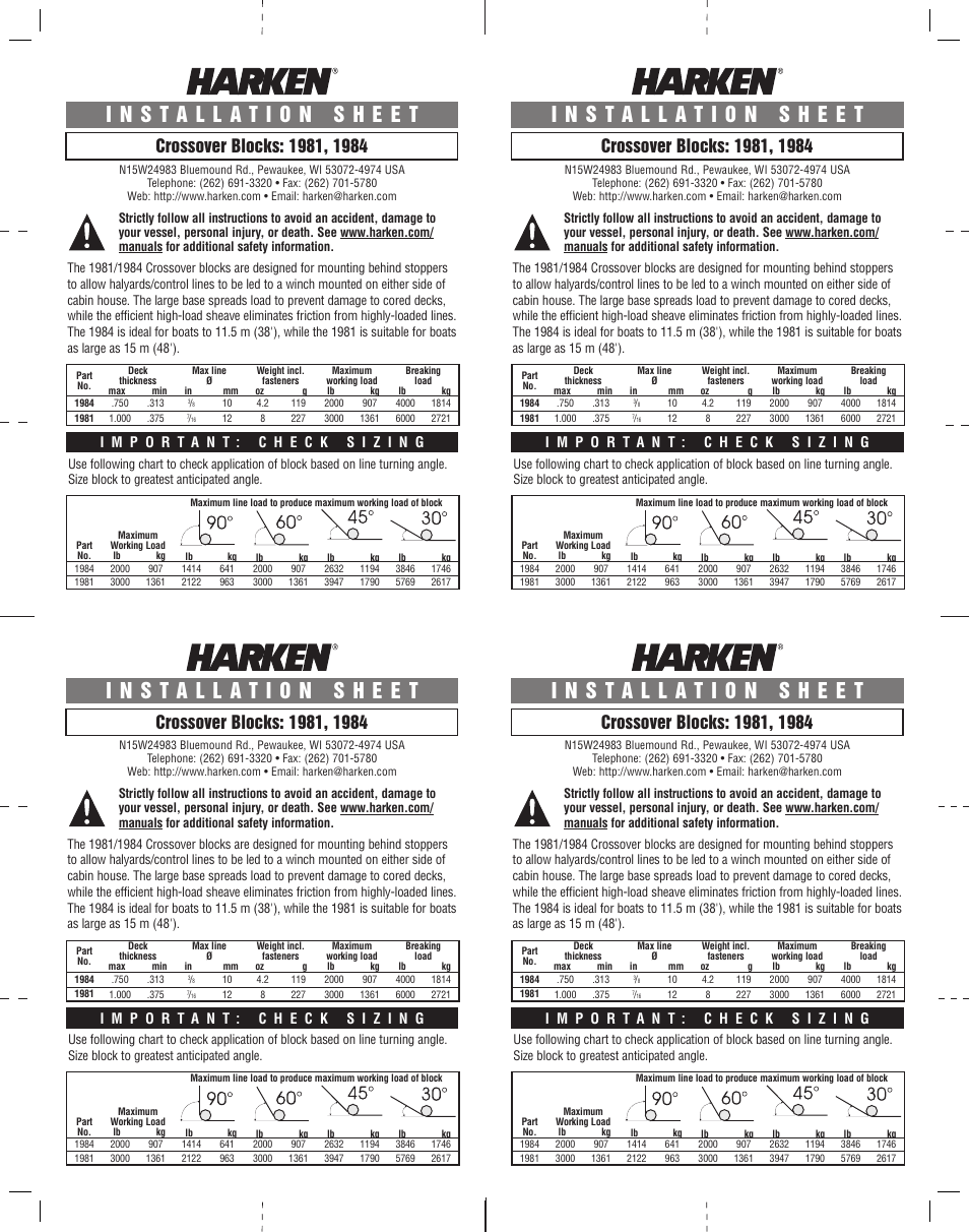 Harken 1981 Crossover Block User Manual | 2 pages