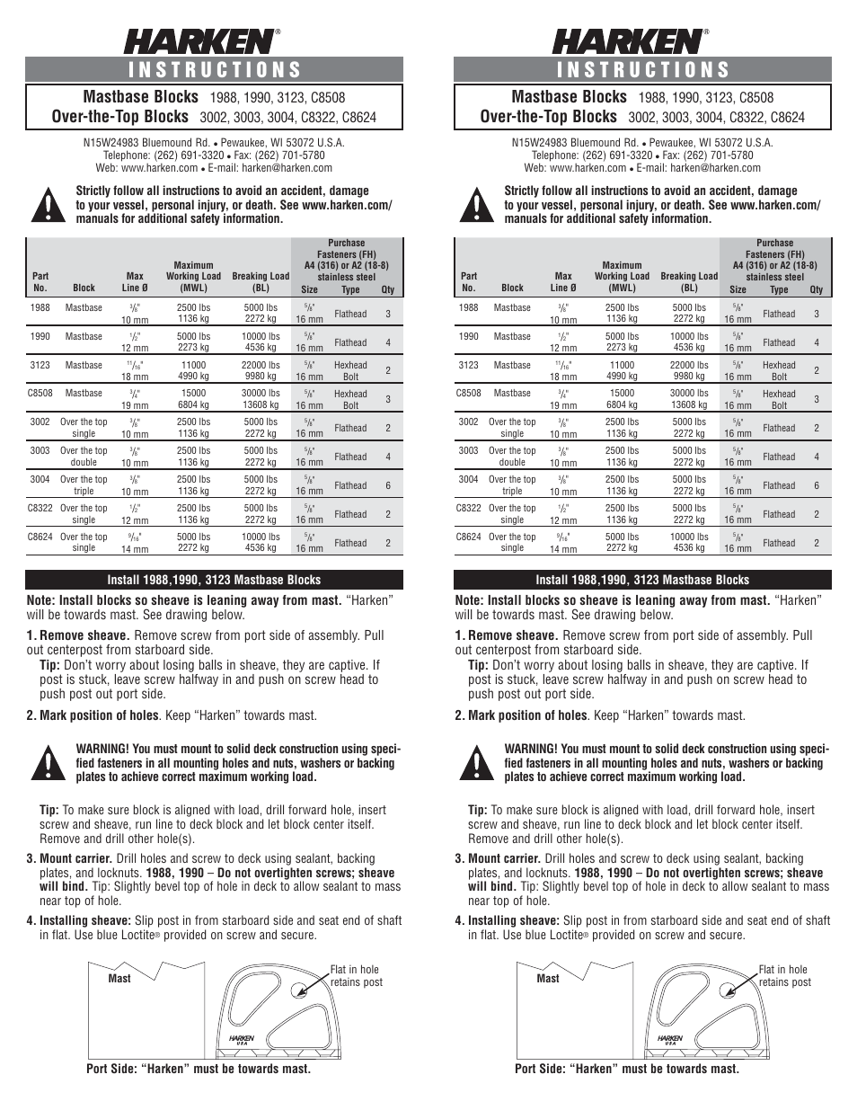 Harken 1988 Mastbase Block User Manual | 2 pages