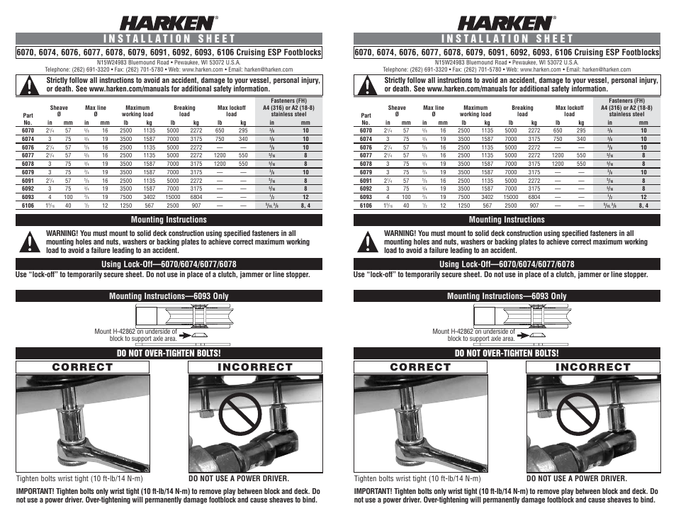 Harken 6106 Cruising ESP Footblock User Manual | 2 pages
