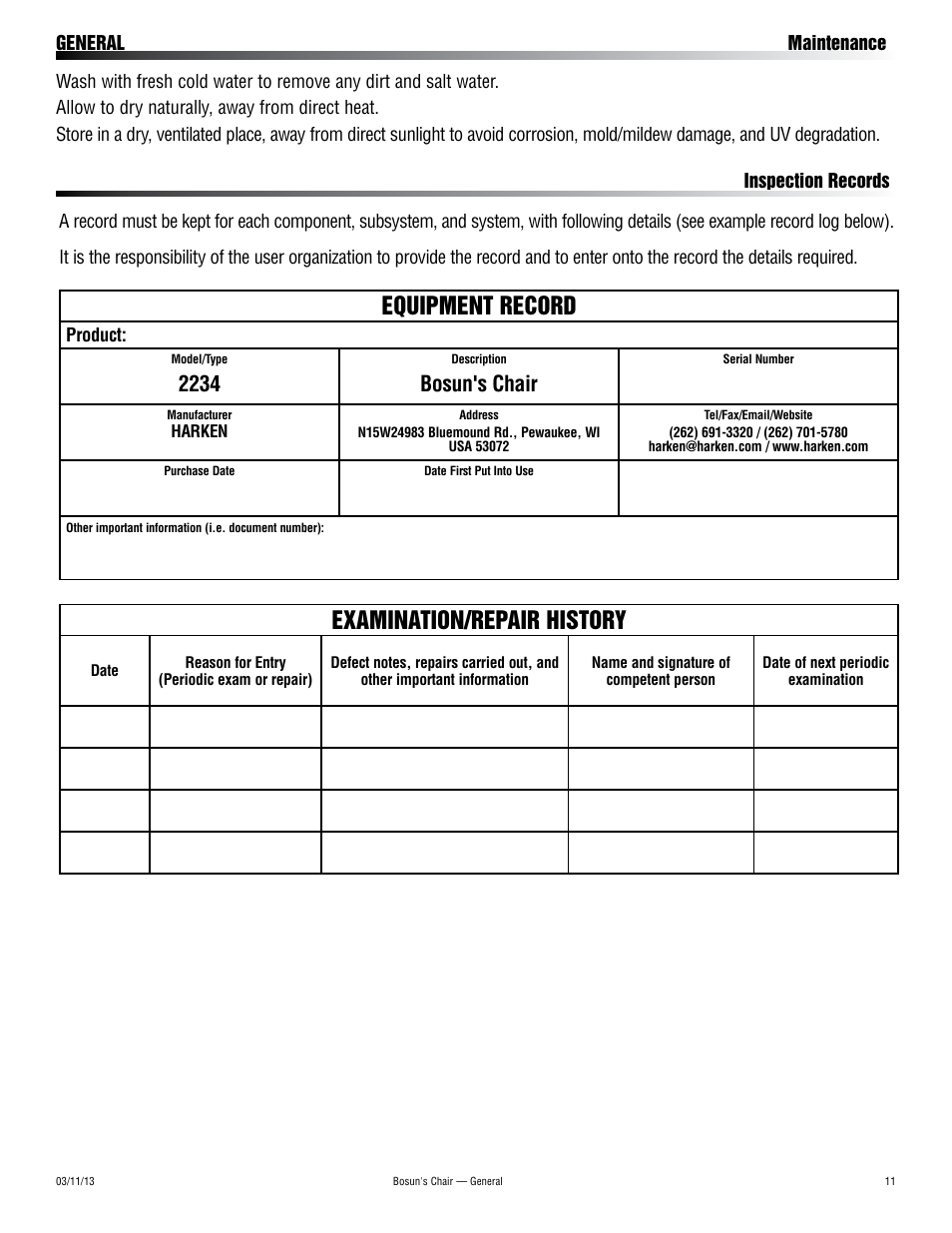 Equipment record, Examination/repair history, Bosun's chair | Harken 2234 Bosun's Chair User Manual | Page 11 / 12