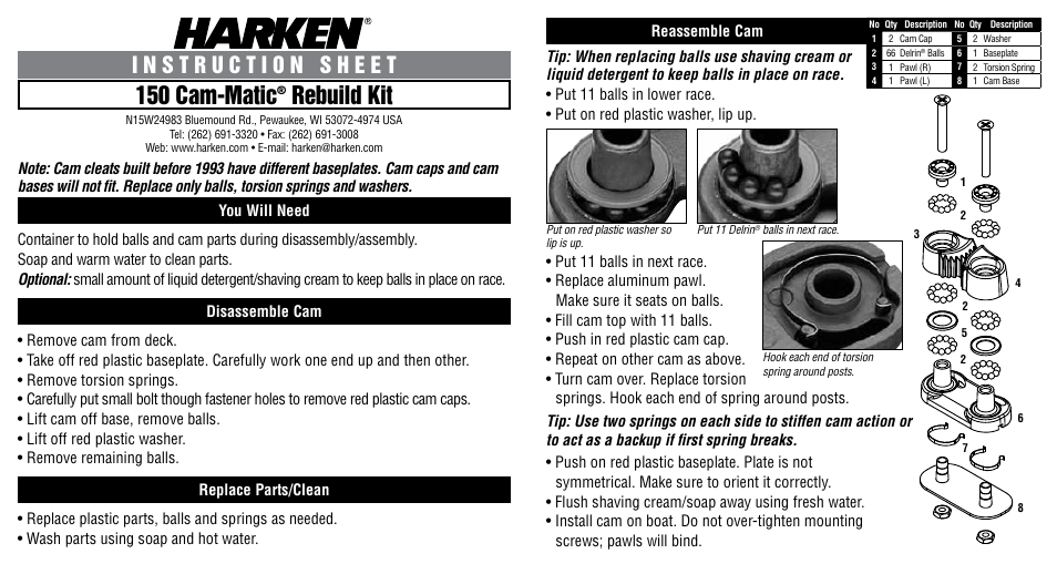 150 cam-matic, Rebuild kit | Harken 150KIT Cam cleat rebuild kit User Manual | Page 2 / 4