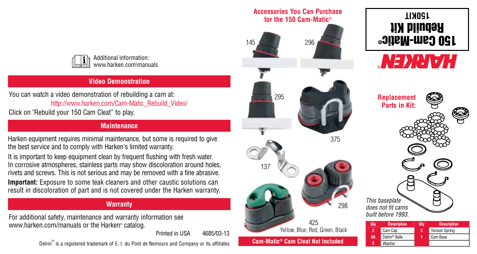 150 cam-matic, Rebuild kit, 150kit | Harken 150KIT Cam cleat rebuild kit User Manual | Page 4 / 4