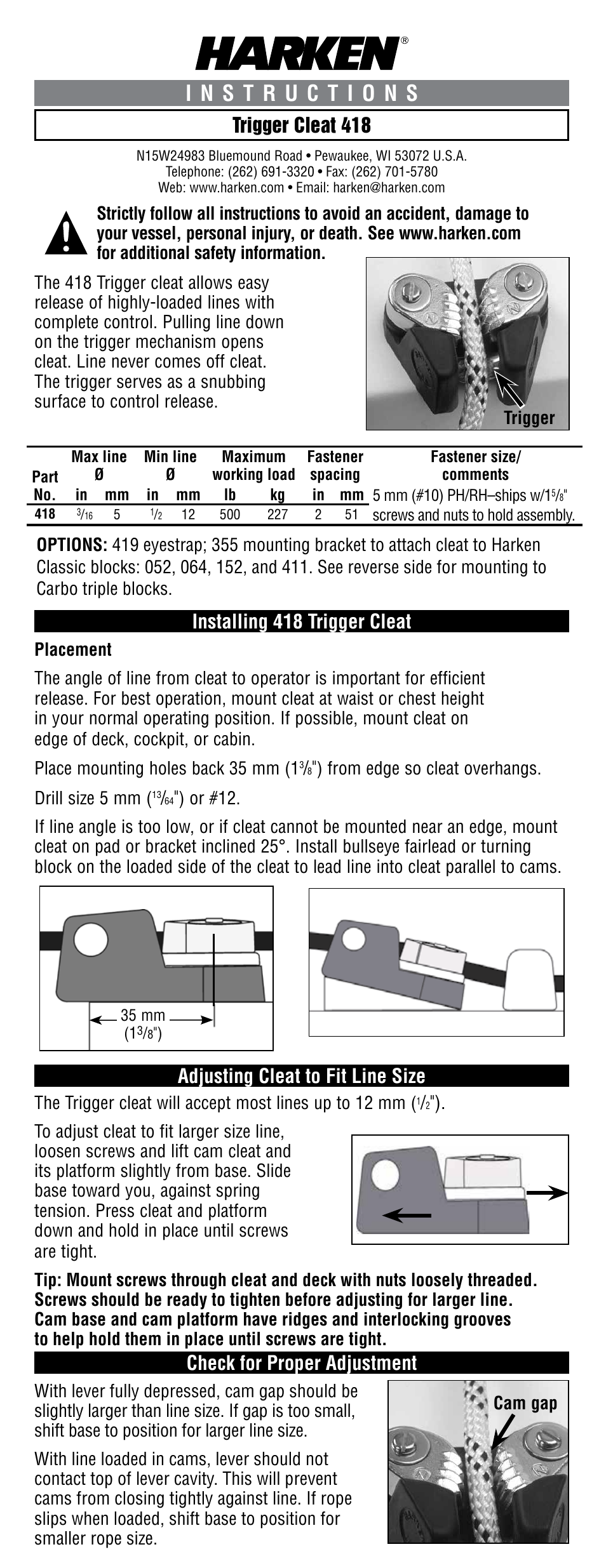 Harken 418 Trigger cleat User Manual | 2 pages