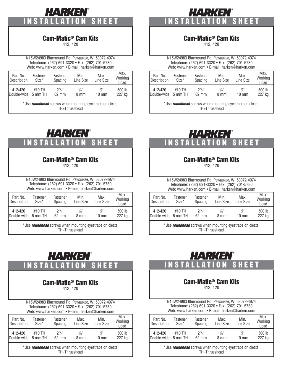 Harken 412 Double Cam-Matic cleat User Manual | 2 pages