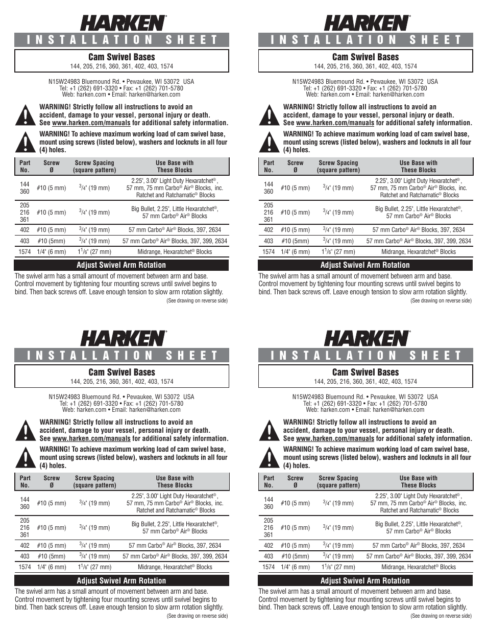 Harken 144 Cam swivel base User Manual | 2 pages