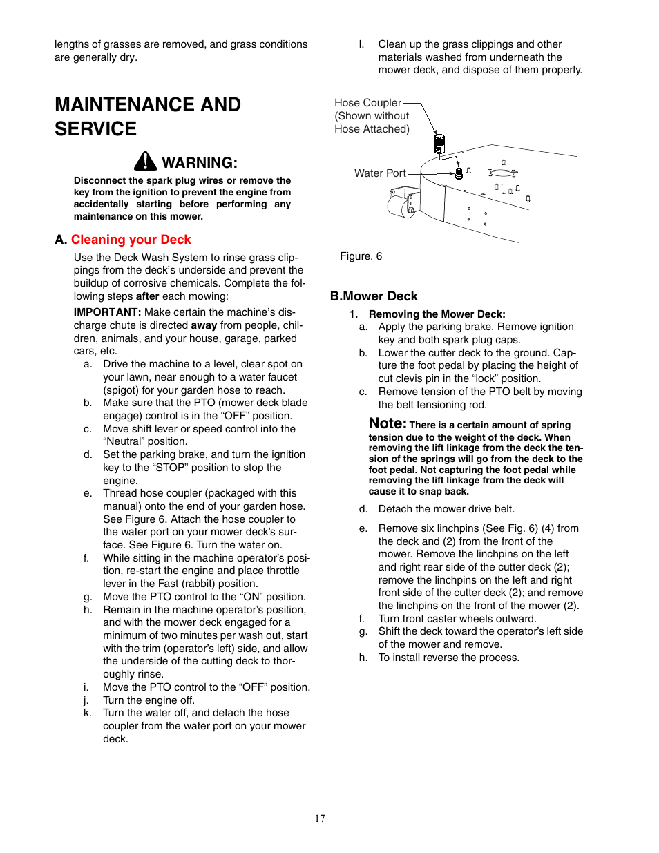 Maintenance and service, Warning | Cub Cadet 48-inch Fabricated Deck User Manual | Page 17 / 36