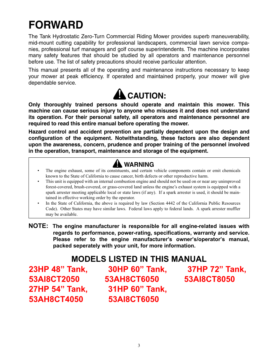 Forward, Caution | Cub Cadet 48-inch Fabricated Deck User Manual | Page 3 / 36