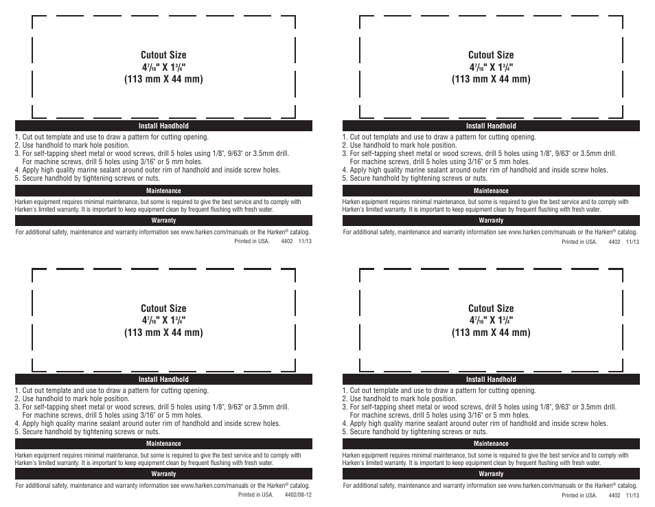 Cutout size 4 | Harken 62 Handhold User Manual | Page 2 / 2
