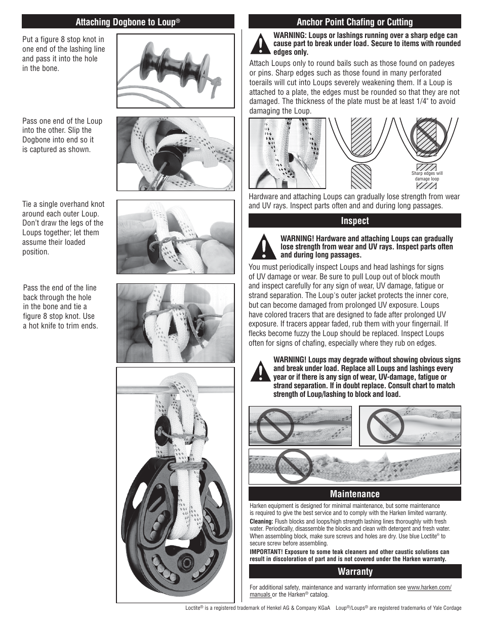 Attaching dogbone to loup, Maintenance, Inspect | Anchor point chafing or cutting, Warranty | Harken 3139 LOUPS User Manual | Page 3 / 4