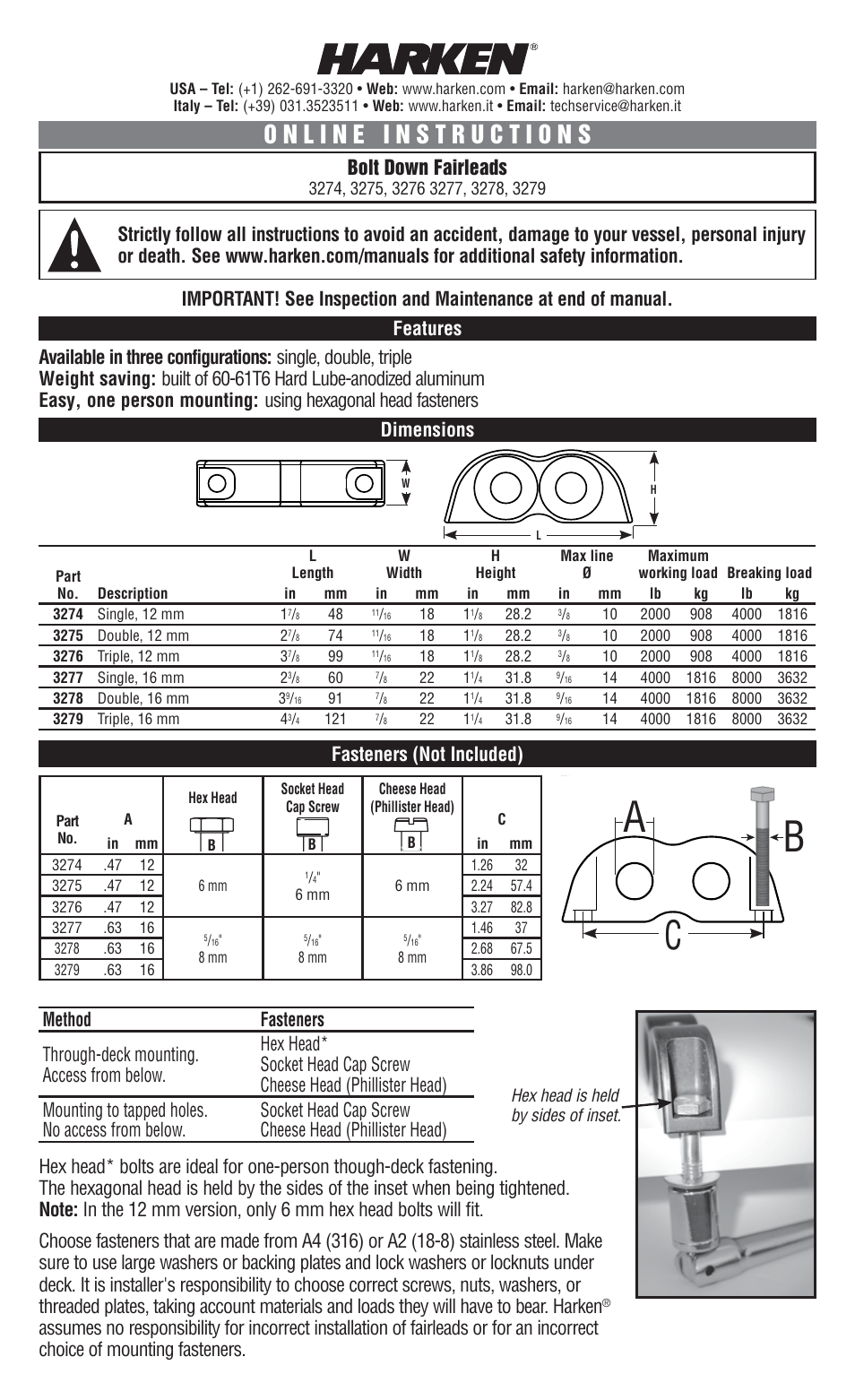 Harken 3274 Bolt-down fairlead User Manual | 2 pages