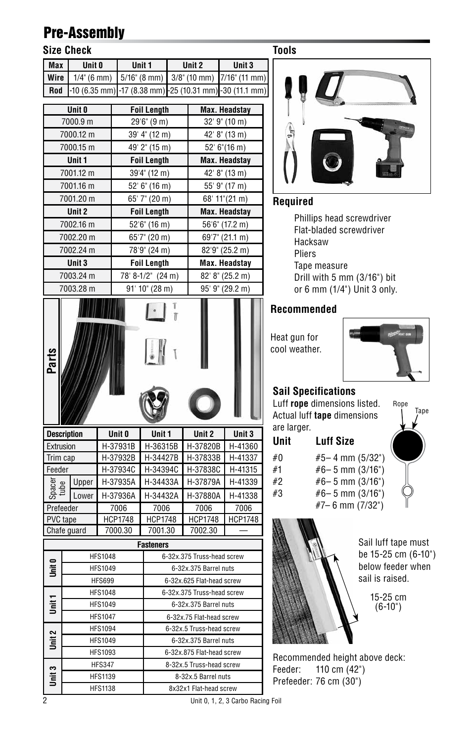 Pre-assembly, Par ts, Required | Recommended, Sail specifications, Unit luff size, Tools, Size check | Harken 7000 Carbo Racing Foil User Manual | Page 2 / 8