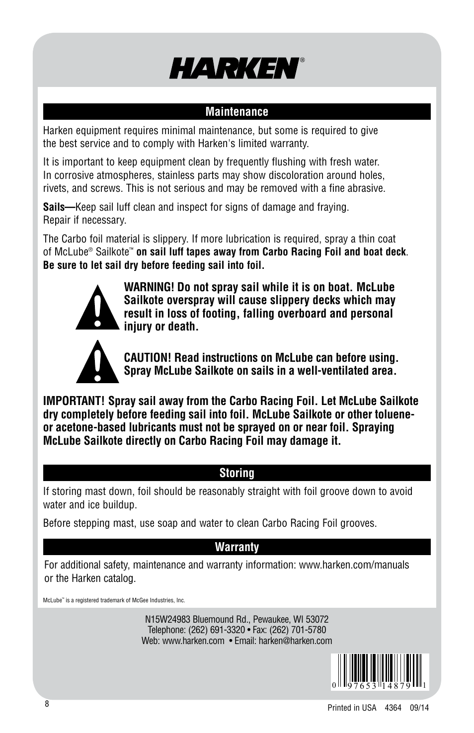 Maintenance, Storing, Important | Harken 7000 Carbo Racing Foil User Manual | Page 8 / 8
