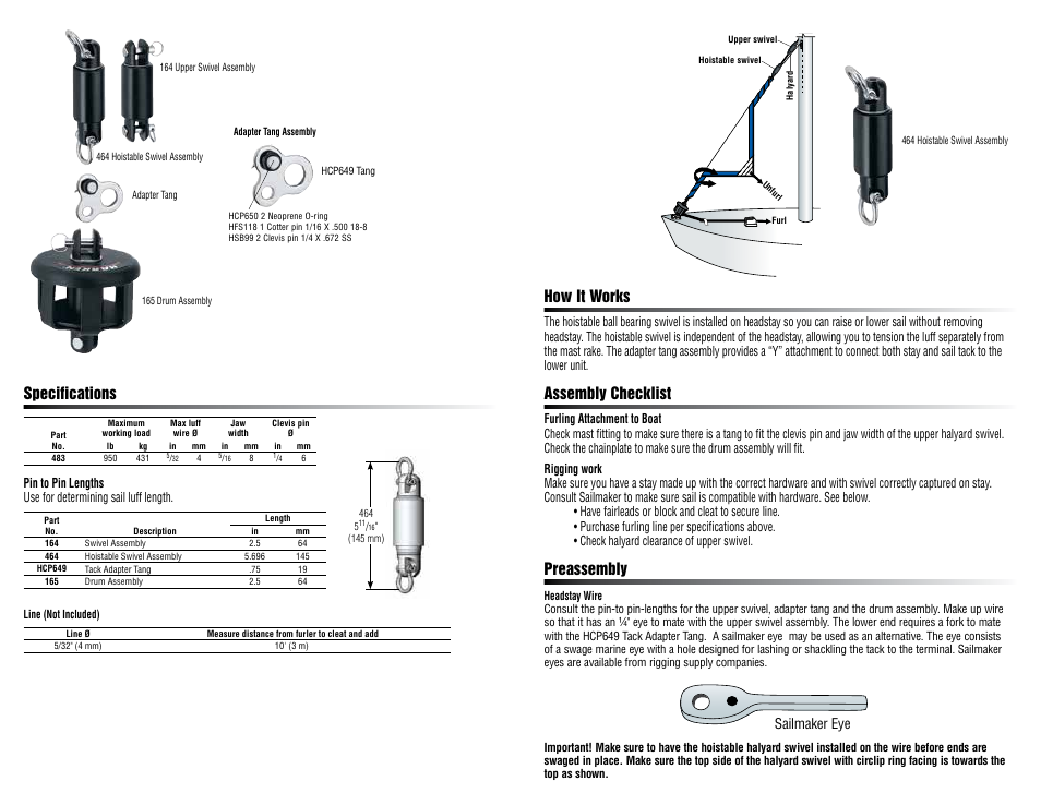 Preassembly assembly checklist, Specifications, How it works | Sailmaker eye | Harken 483 Small Boat furling kit User Manual | Page 2 / 2