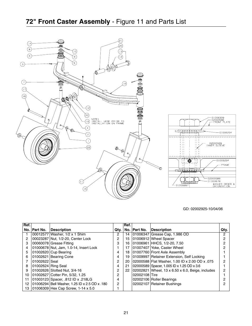 72" front caster assembly, Figure 11 and parts list | Cub Cadet 53AB5JEZ630 User Manual | Page 21 / 36