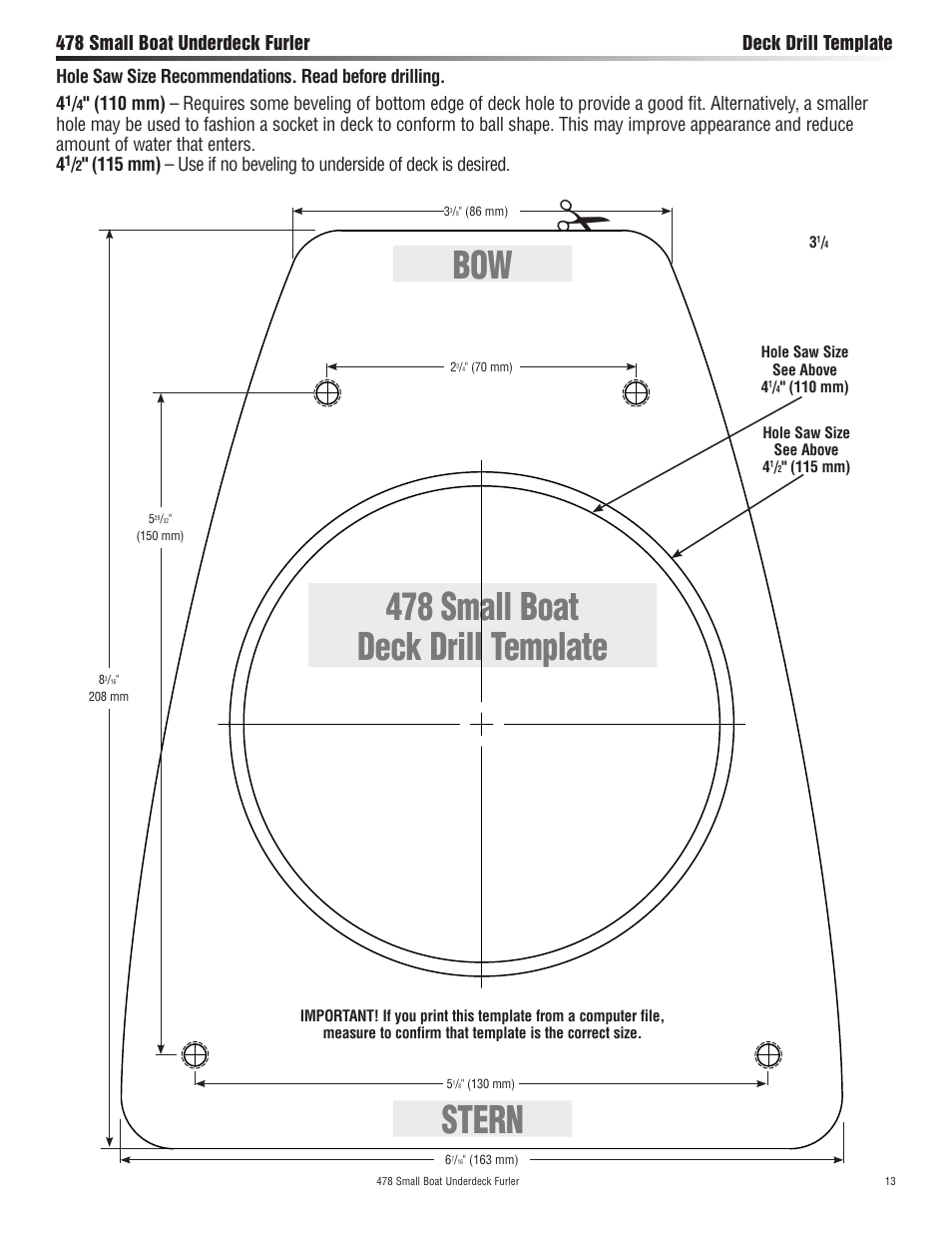 478 small boat deck drill template bow stern | Harken 477 Small Boat underdeck furling User Manual | Page 13 / 16