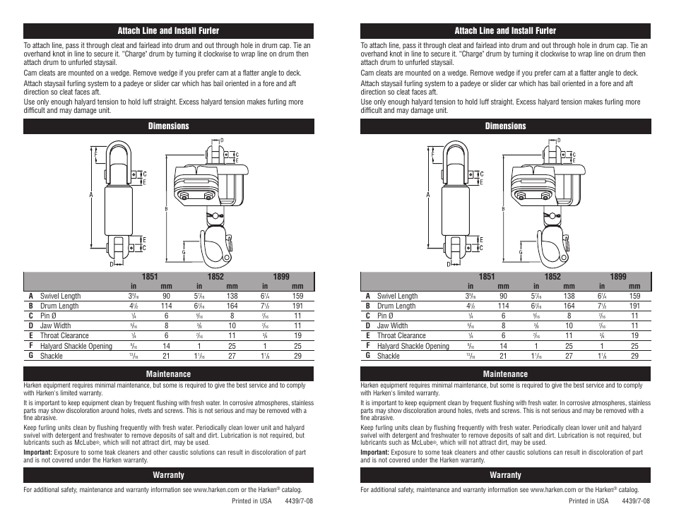 Attach line and install furler dimensions, Maintenance warranty | Harken 1851 Staysail furling User Manual | Page 2 / 2