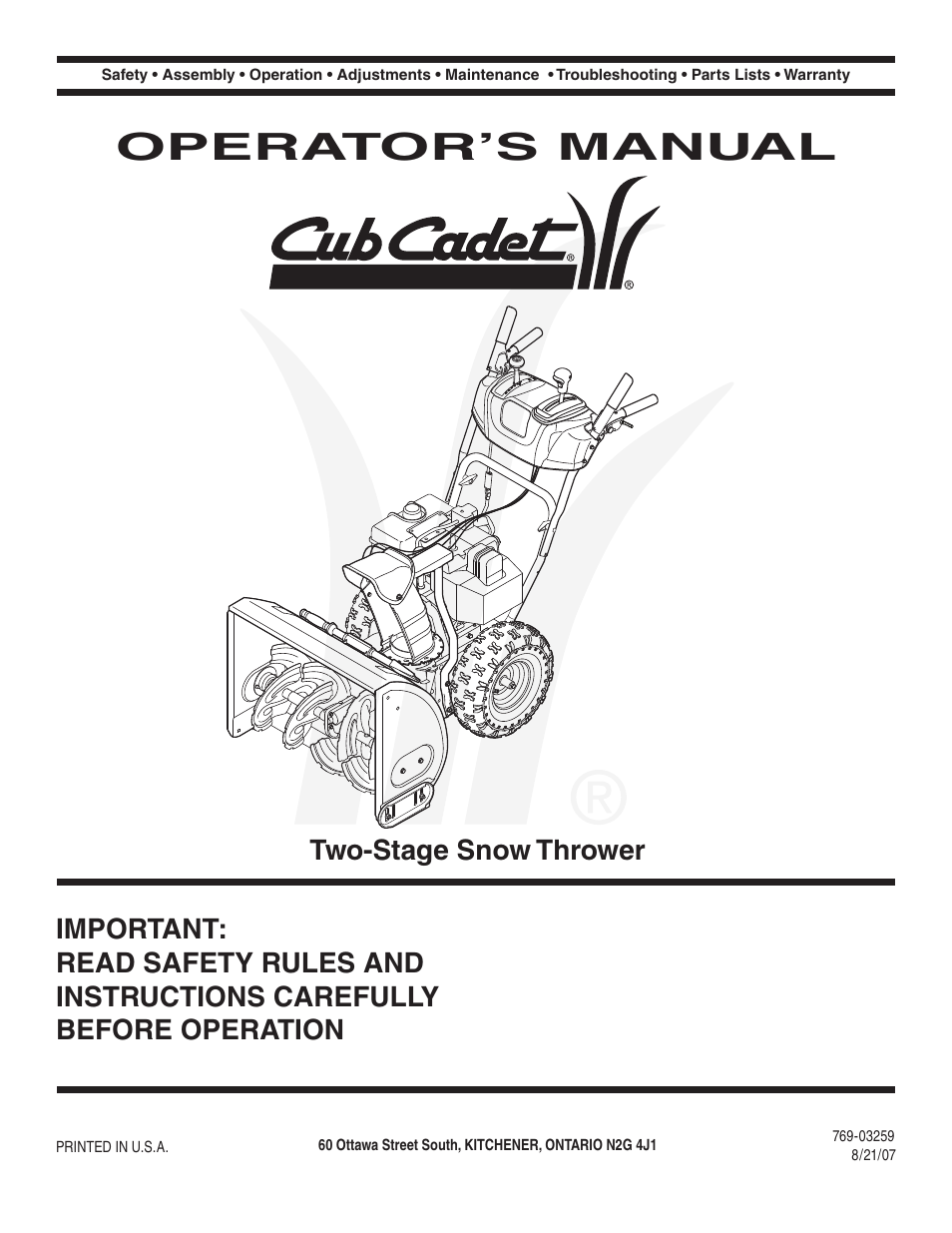 Cub Cadet Two Stage Snow Thrower User Manual | 52 pages