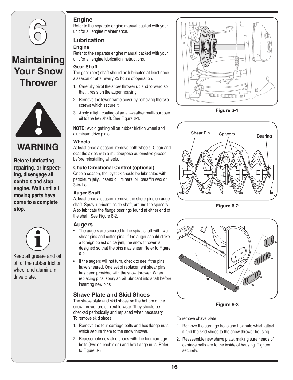 Maintaining your snow thrower, Warning | Cub Cadet Two Stage Snow Thrower User Manual | Page 16 / 52