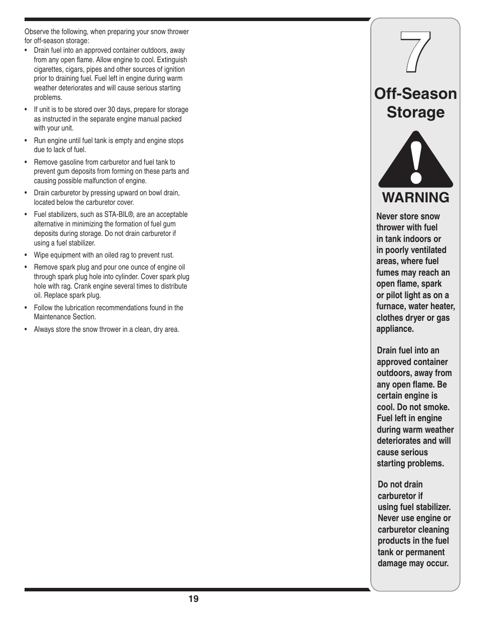 Off-season storage, Warning | Cub Cadet Two Stage Snow Thrower User Manual | Page 19 / 52