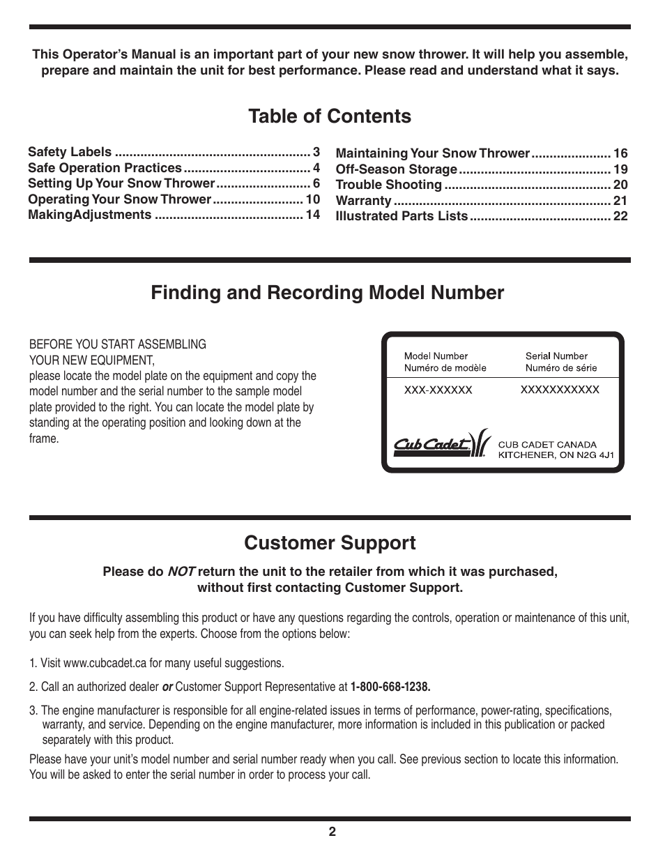 Cub Cadet Two Stage Snow Thrower User Manual | Page 2 / 52