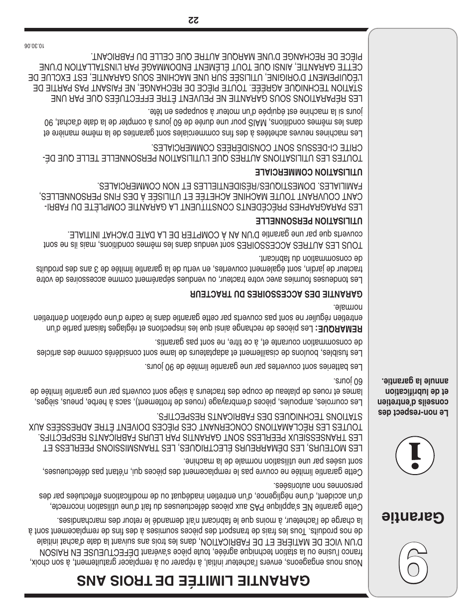 Garantie, Garantie limitée de tr ois ans | Cub Cadet Two Stage Snow Thrower User Manual | Page 31 / 52