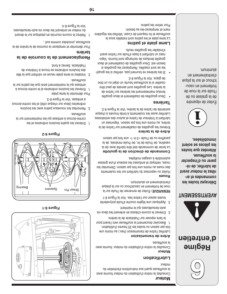Régime d’entretien, Aver tissement | Cub Cadet Two Stage Snow Thrower User Manual | Page 37 / 52