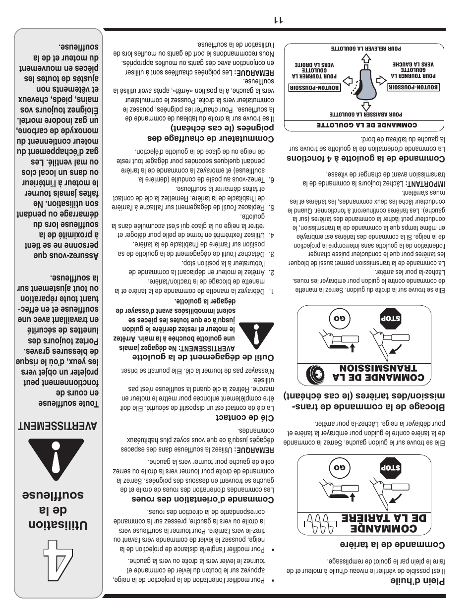 Utilisation de la souffleuse, Aver tissement | Cub Cadet Two Stage Snow Thrower User Manual | Page 42 / 52