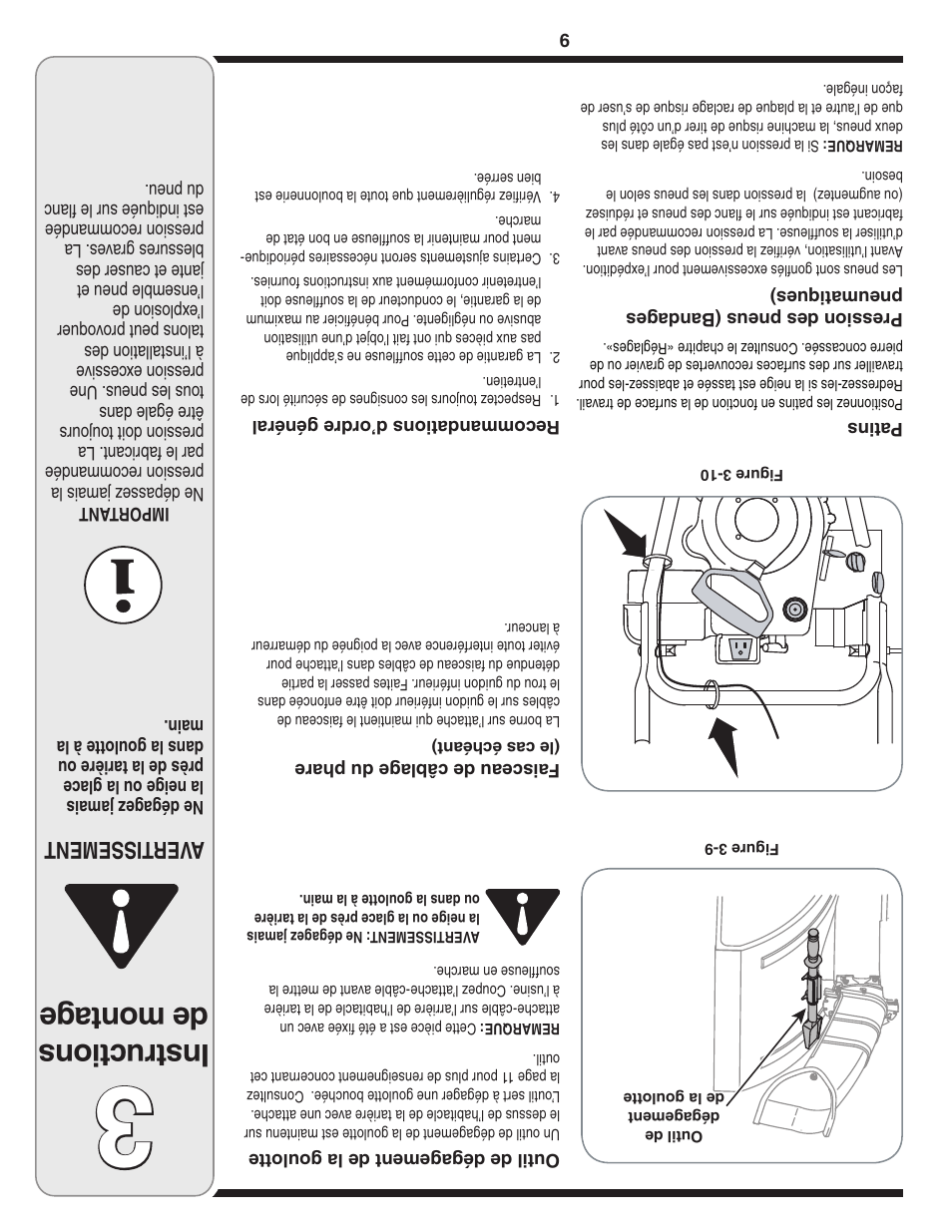 Ins tru ctio ns de mon tag e, Aver tissement | Cub Cadet Two Stage Snow Thrower User Manual | Page 44 / 52