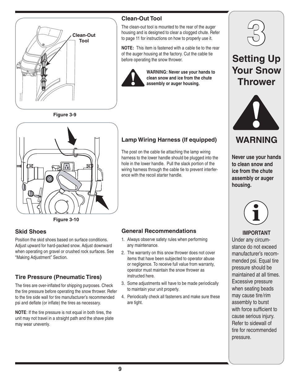 Setting up your snow thrower, Warning | Cub Cadet Two Stage Snow Thrower User Manual | Page 9 / 52