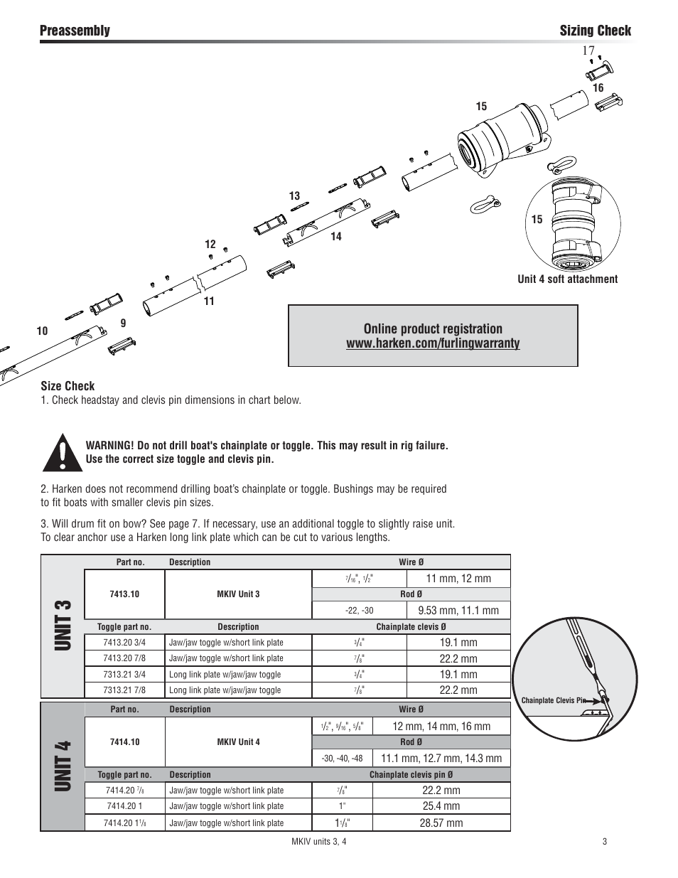 Unit 3, Unit 4, Preassembly sizing check | Size check | Harken 7413.10 MKIV Jib Reefing & Furling built after Feb. 2009 User Manual | Page 3 / 44