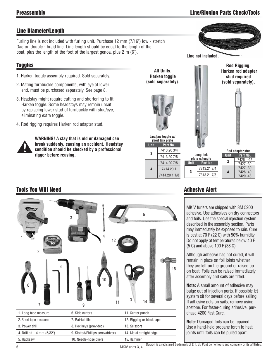 Adhesive alert, Toggles, Line diameter/length | Harken 7413.10 MKIV Jib Reefing & Furling built after Feb. 2009 User Manual | Page 6 / 44